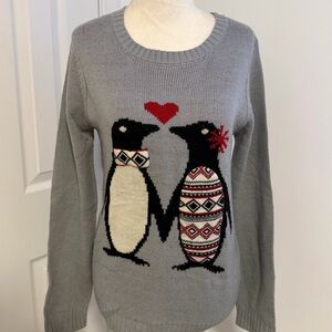 Love By Design Gray Penguin Heart Knit Sweater with Red Accents